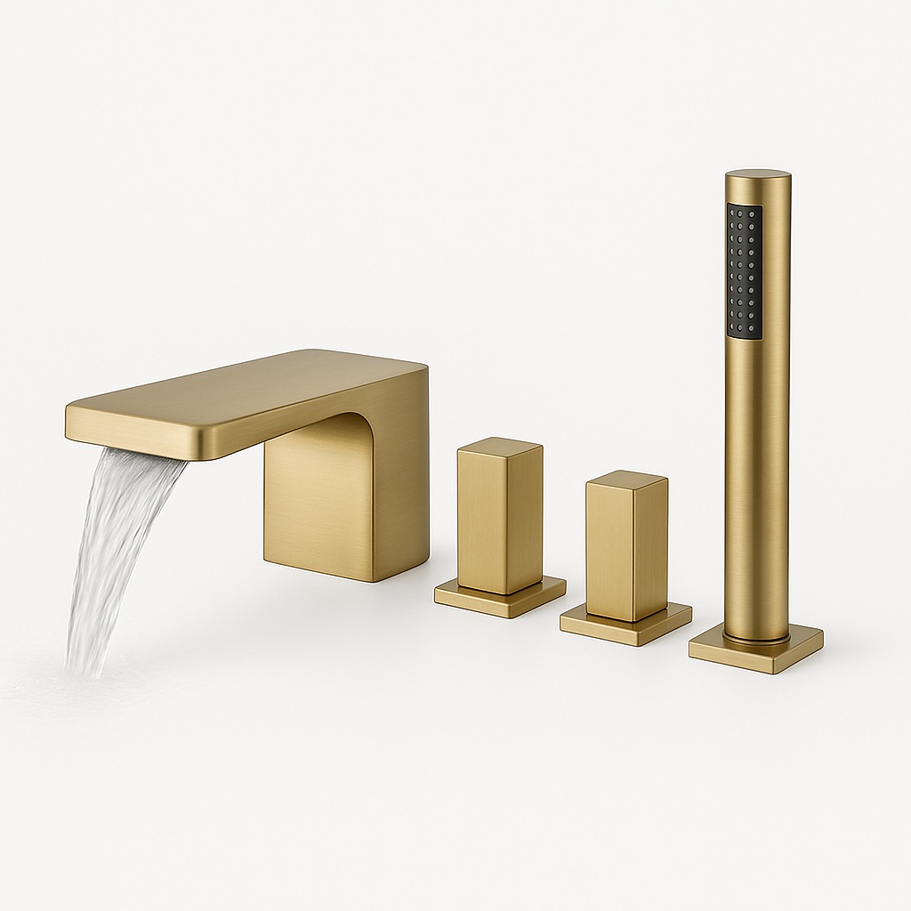 Component layout of a five-piece deck-mounted bathtub faucet set with separate hand shower